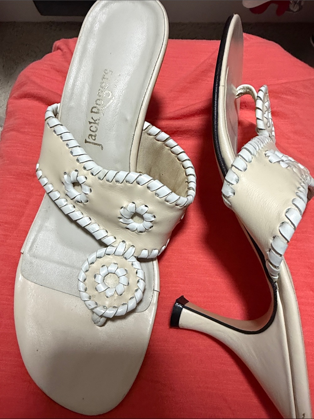 Jack Rogers Cream Leather Whipstitch Floral Heeled Mules